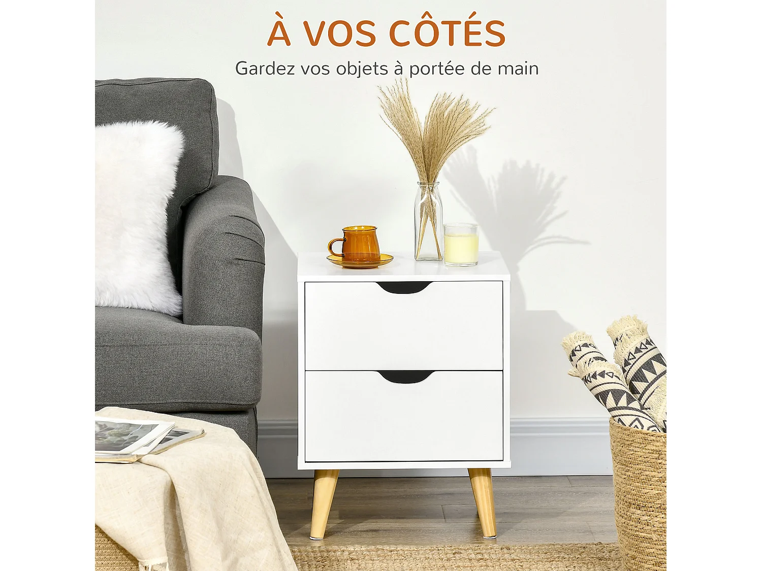Chevet table de nuit design scandinave 2 tiroirs piètement bois pin panneaux particules blanc