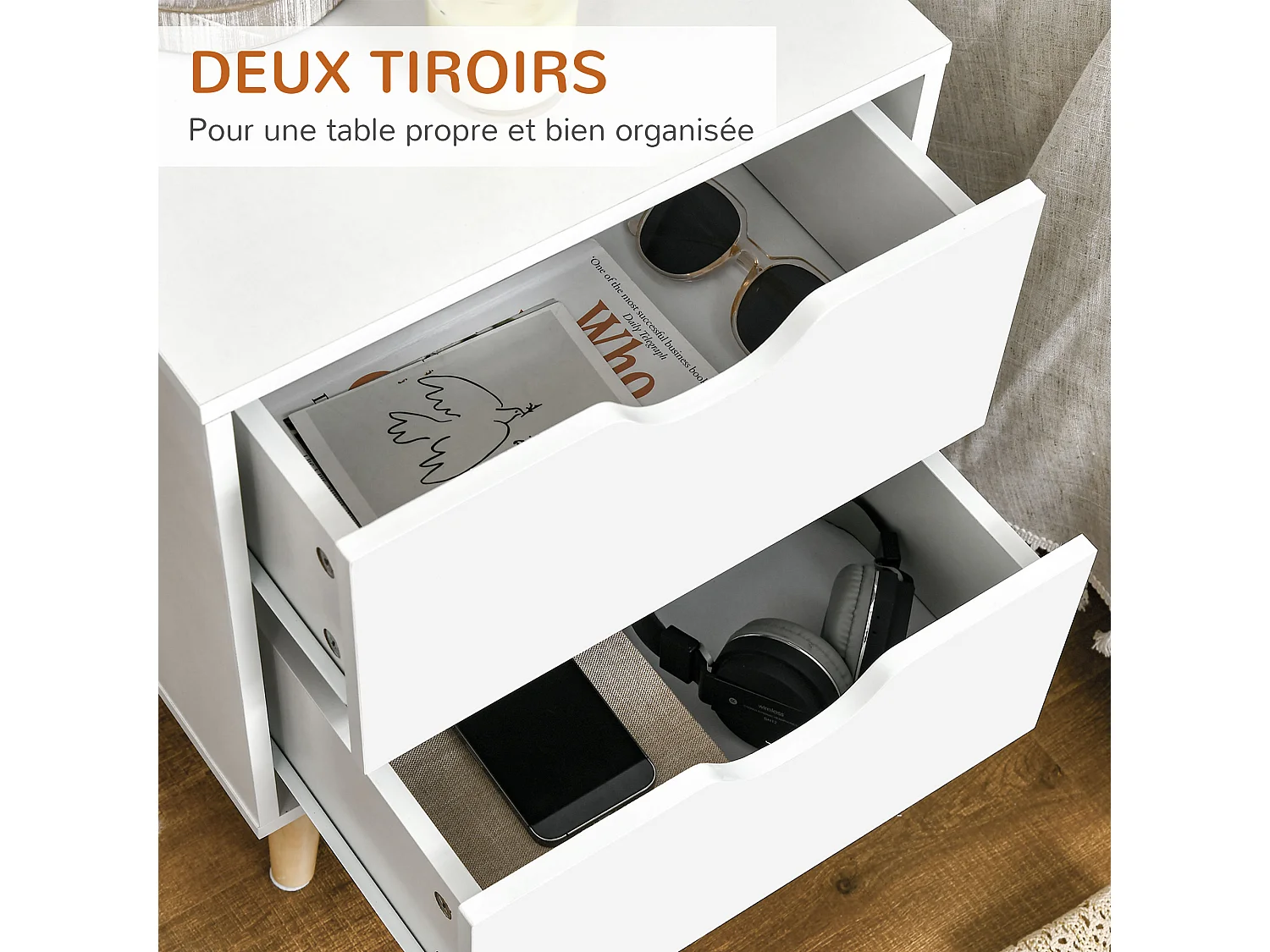 Chevet table de nuit design scandinave 2 tiroirs piètement bois pin panneaux particules blanc
