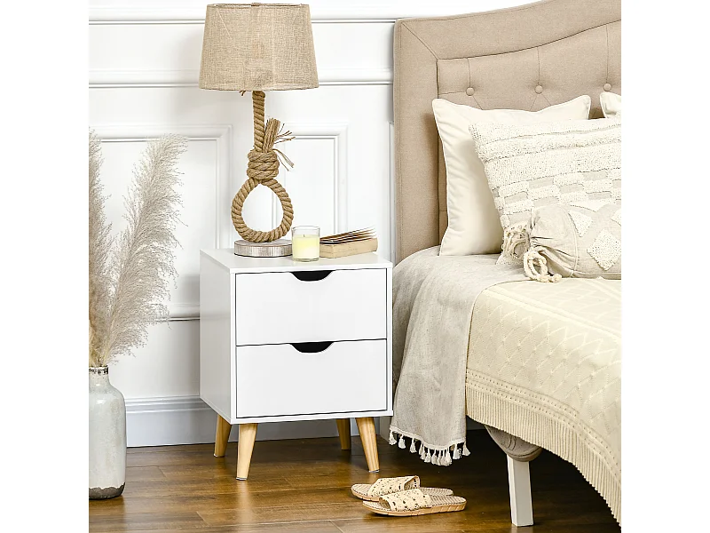 Chevet table de nuit design scandinave 2 tiroirs piètement bois pin panneaux particules blanc
