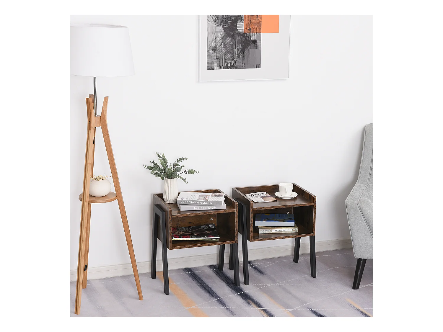 Tables de chevet style industriel - lot de 2 tables de nuit - meubles empilables - panneaux particules aspect vieux bois métal noir