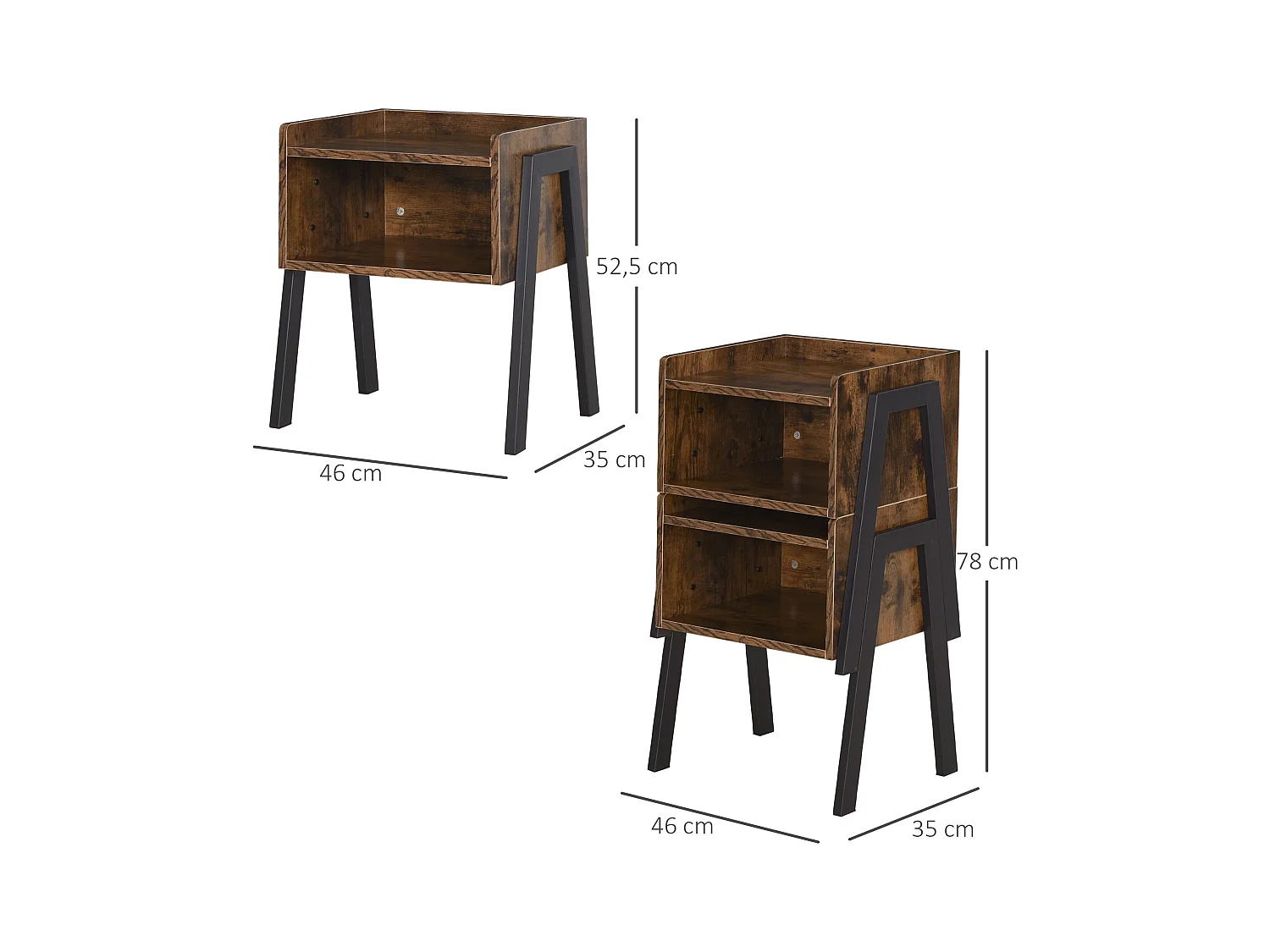 Tables de chevet style industriel - lot de 2 tables de nuit - meubles empilables - panneaux particules aspect vieux bois métal noir