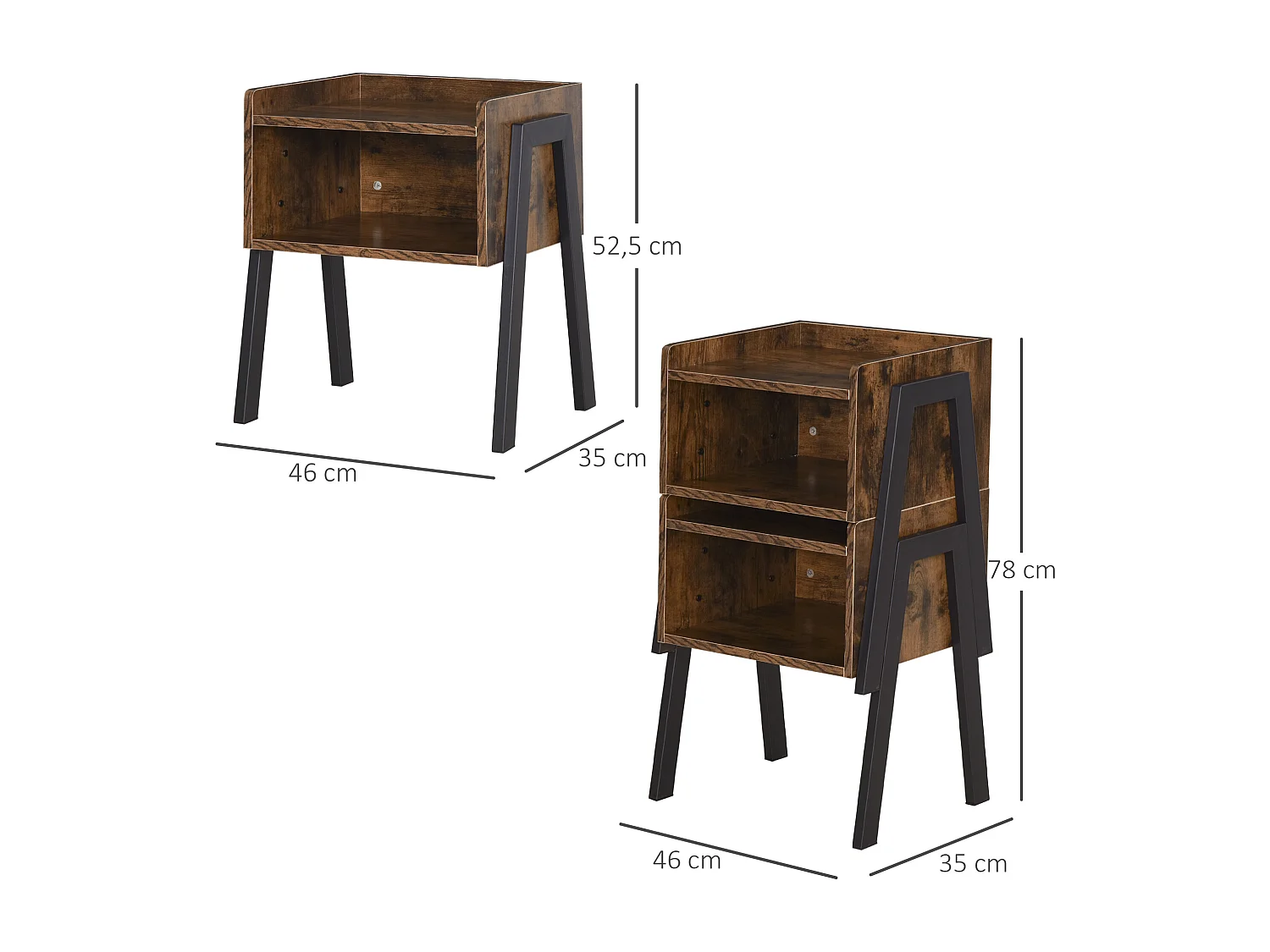 Tables de chevet style industriel - lot de 2 tables de nuit - meubles empilables - panneaux particules aspect vieux bois métal noir