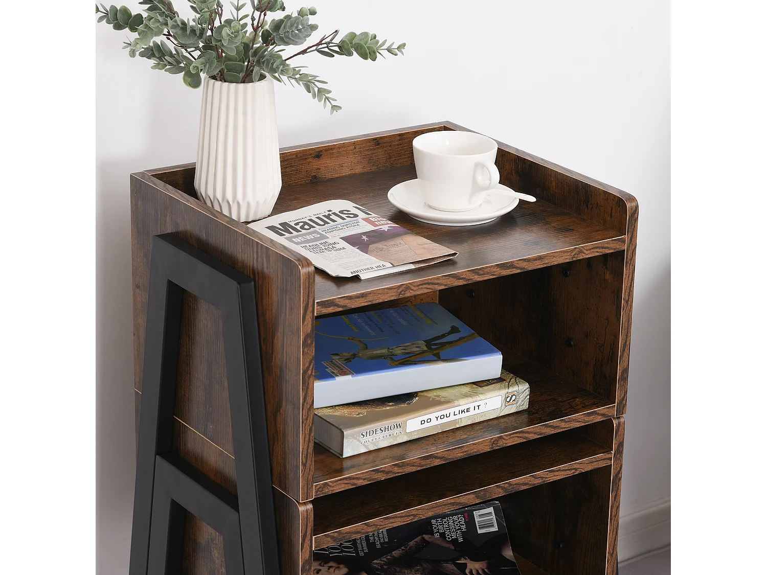 Tables de chevet style industriel - lot de 2 tables de nuit - meubles empilables - panneaux particules aspect vieux bois métal noir