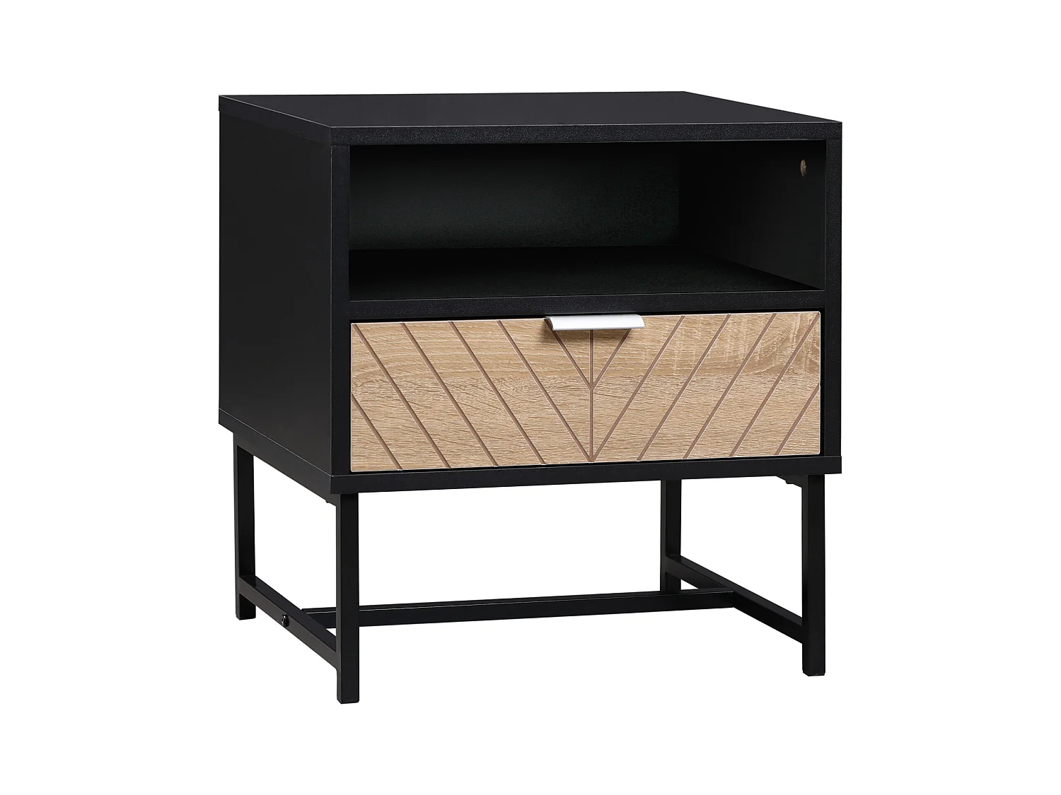 Table de chevet table de nuit style industriel tiroir niche piètement métal panneaux particules aspect bois de chêne sculpté à chevrons noir