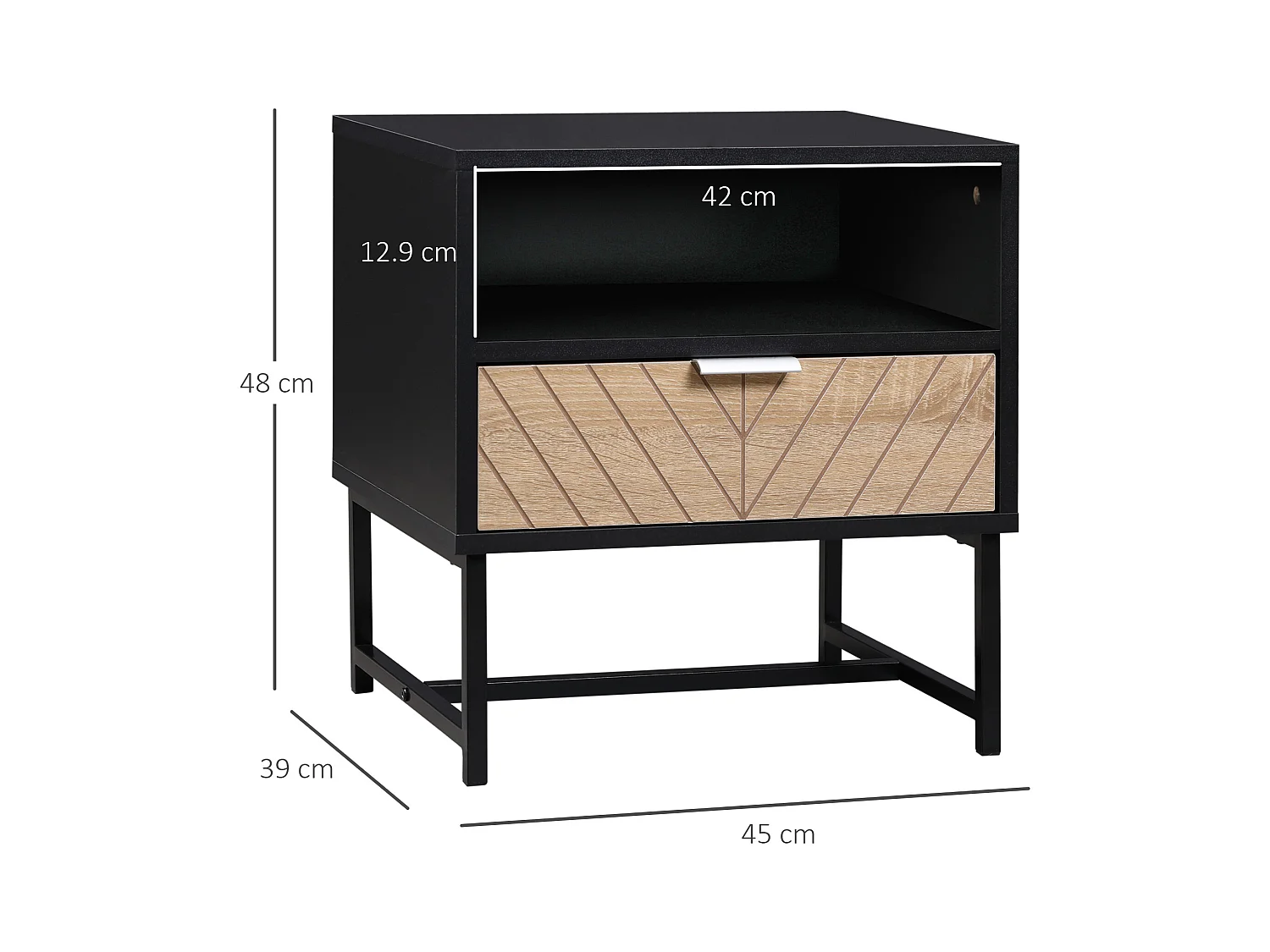 Table de chevet table de nuit style industriel tiroir niche piètement métal panneaux particules aspect bois de chêne sculpté à chevrons noir