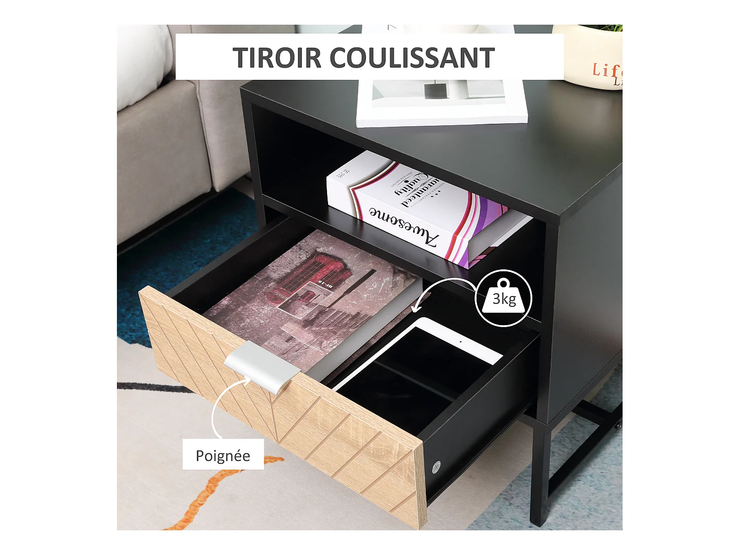 Table de chevet table de nuit style industriel tiroir niche piètement métal panneaux particules aspect bois de chêne sculpté à chevrons noir