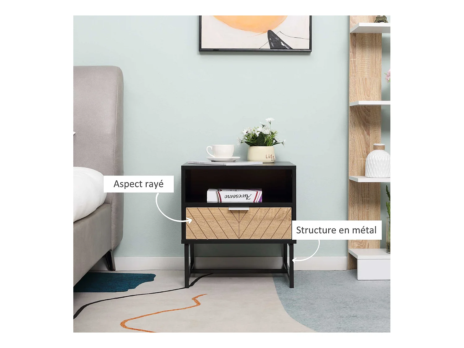 Table de chevet table de nuit style industriel tiroir niche piètement métal panneaux particules aspect bois de chêne sculpté à chevrons noir