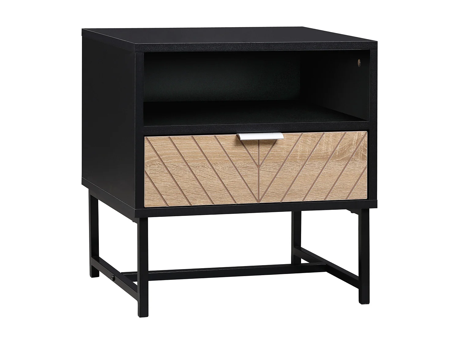 Table de chevet table de nuit style industriel tiroir niche piètement métal panneaux particules aspect bois de chêne sculpté à chevrons noir