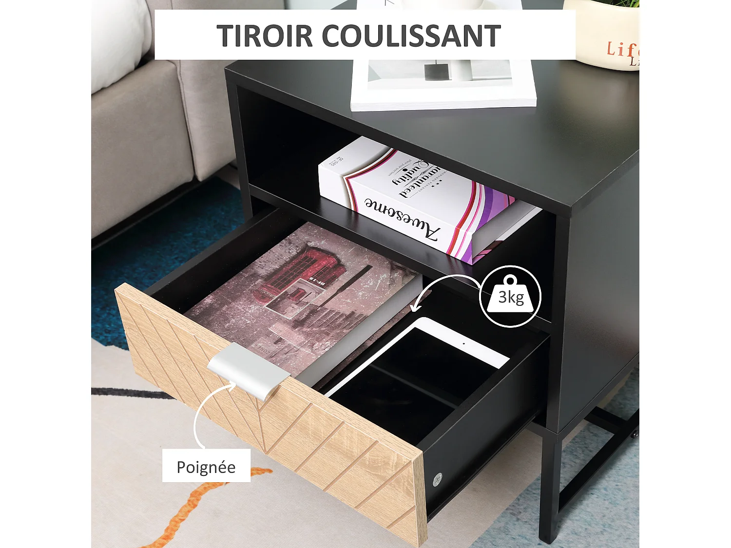 Table de chevet table de nuit style industriel tiroir niche piètement métal panneaux particules aspect bois de chêne sculpté à chevrons noir