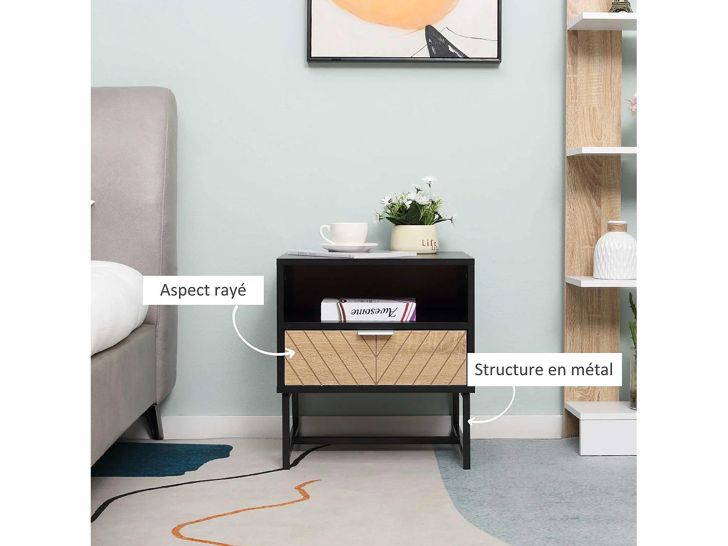 Table de chevet table de nuit style industriel tiroir niche piètement métal panneaux particules aspect bois de chêne sculpté à chevrons noir