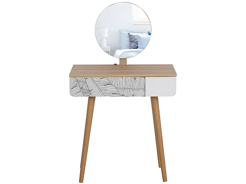 Coiffeuse table de maquillage design scandinave tiroir et grand miroir dim. 70 x 39 x 119-128 cm