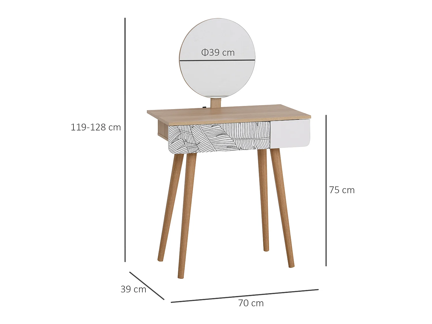 Coiffeuse table de maquillage design scandinave tiroir et grand miroir dim. 70 x 39 x 119-128 cm