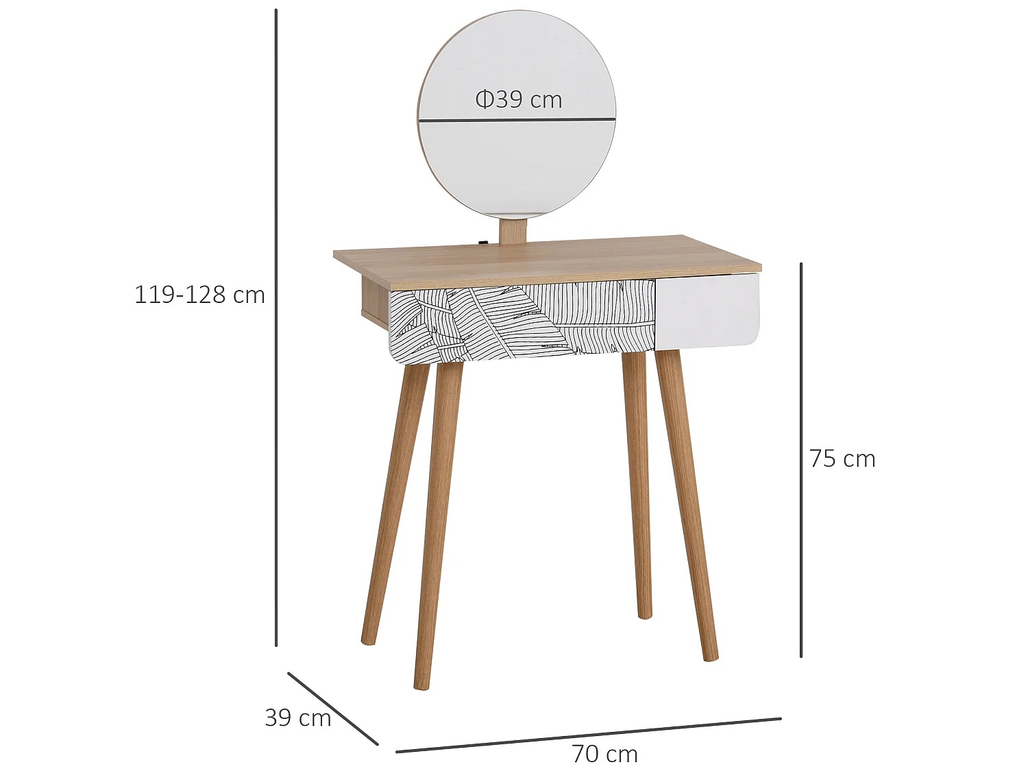 Coiffeuse table de maquillage design scandinave tiroir et grand miroir dim. 70 x 39 x 119-128 cm