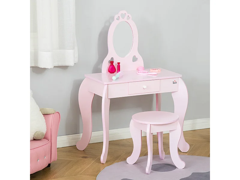 Coiffeuse enfant design girly avec motifs à coeur - tabouret inclus - dim. 60L x 36l x 88H cm - tiroir, miroir - MDF - rose