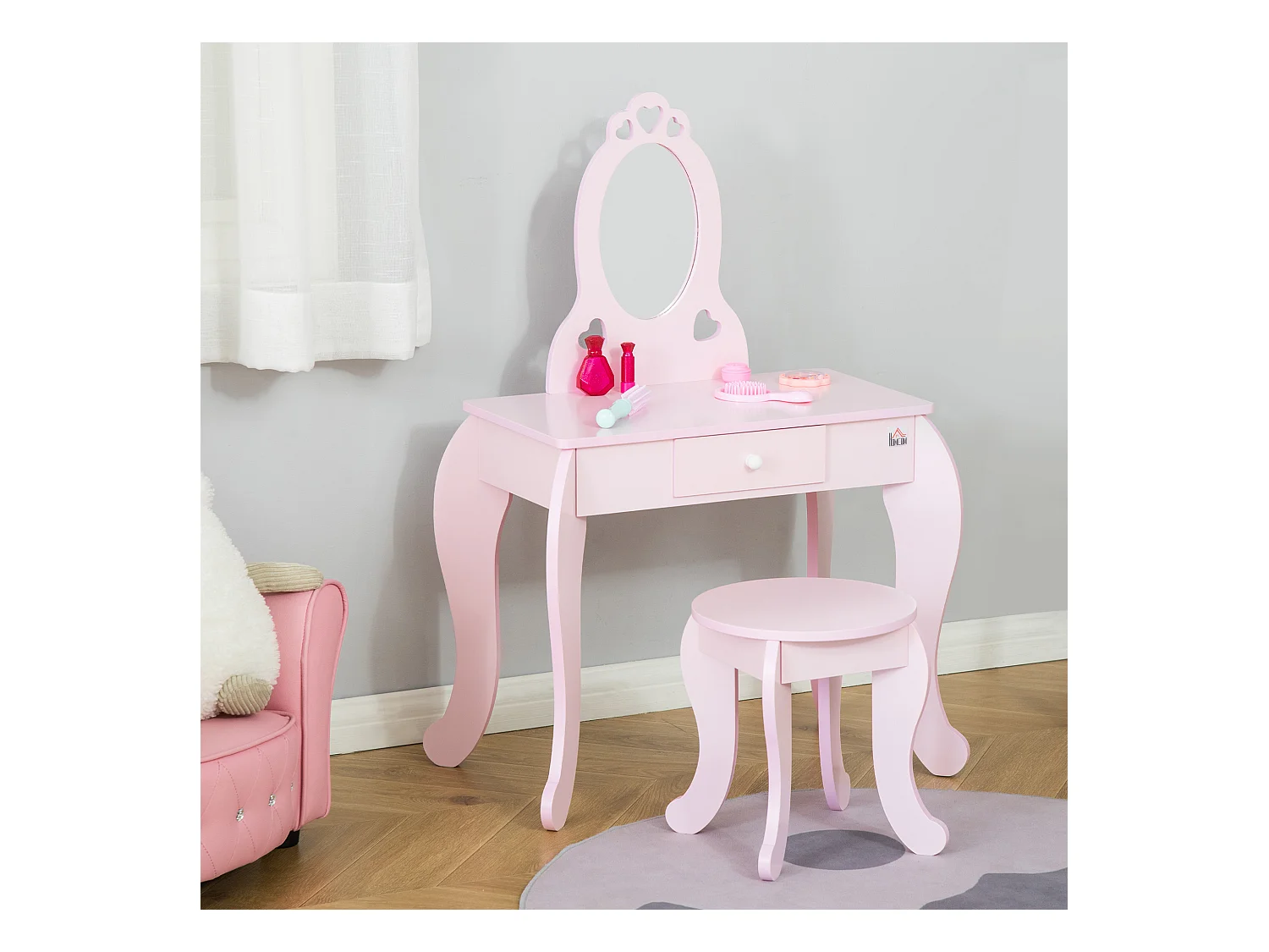 Coiffeuse enfant design girly avec motifs à coeur - tabouret inclus - dim. 60L x 36l x 88H cm - tiroir, miroir - MDF - rose