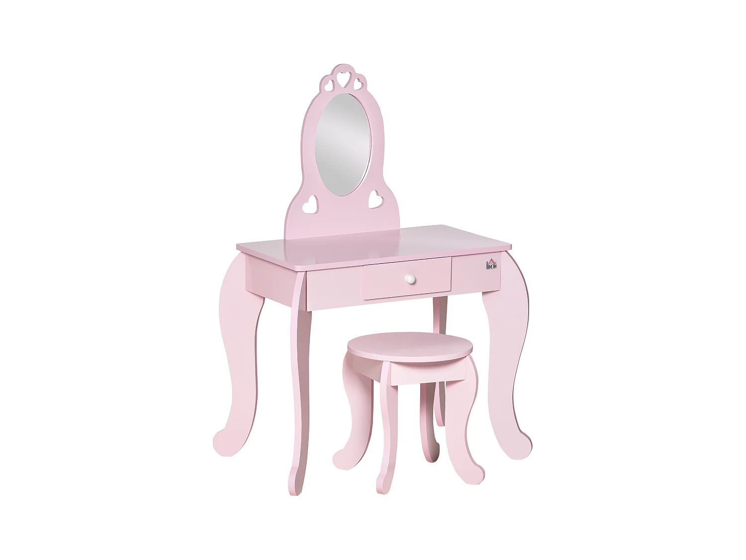 Coiffeuse enfant design girly avec motifs à coeur - tabouret inclus - dim. 60L x 36l x 88H cm - tiroir, miroir - MDF - rose