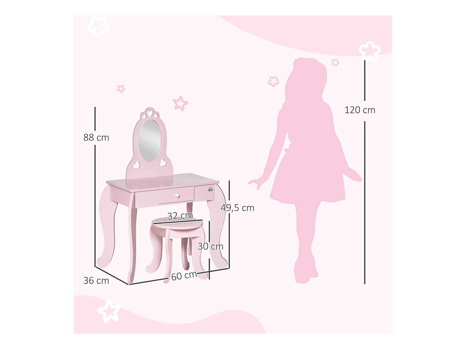 Coiffeuse enfant design girly avec motifs à coeur - tabouret inclus - dim. 60L x 36l x 88H cm - tiroir, miroir - MDF - rose
