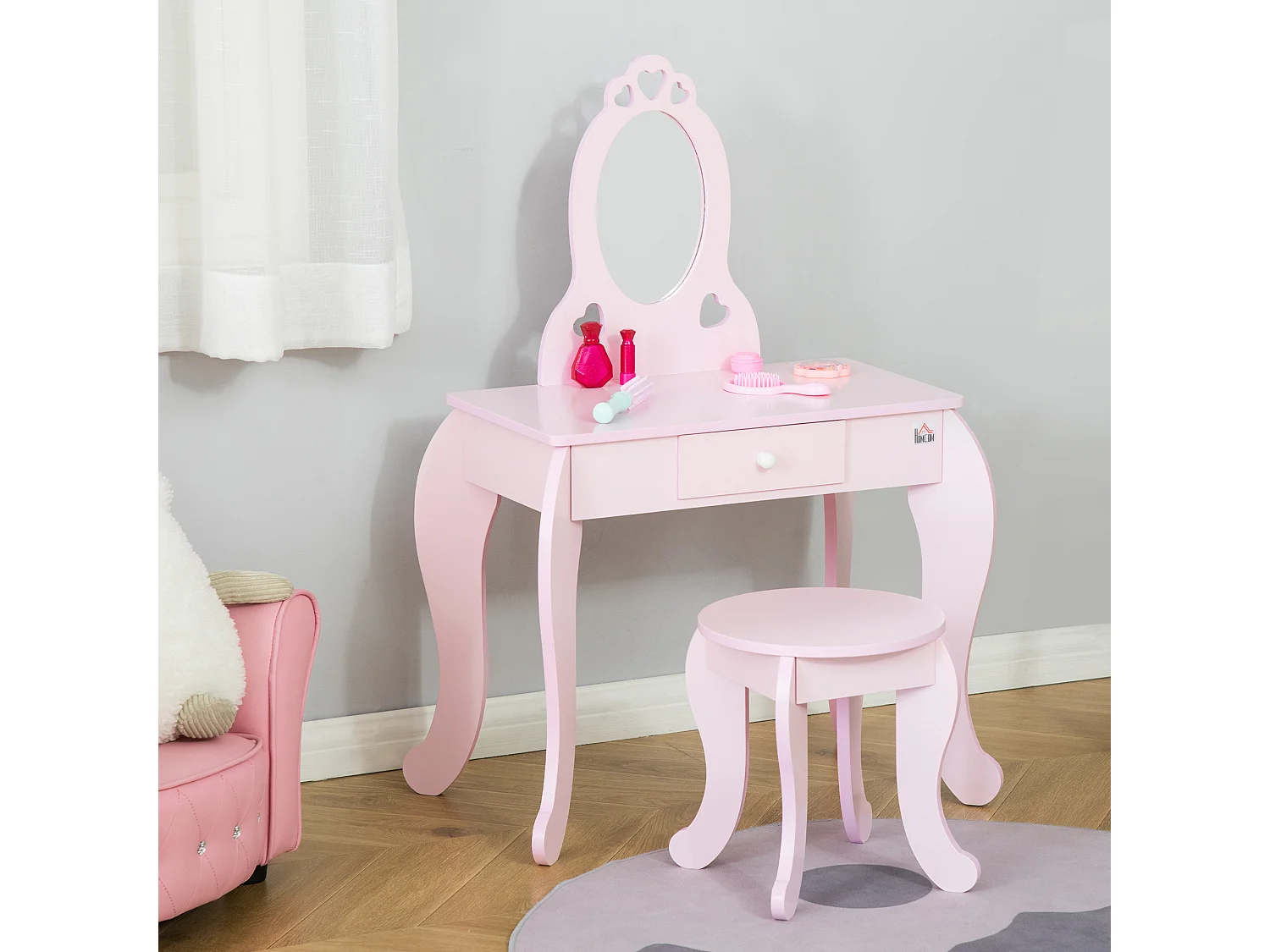 Coiffeuse enfant design girly avec motifs à coeur - tabouret inclus - dim. 60L x 36l x 88H cm - tiroir, miroir - MDF - rose