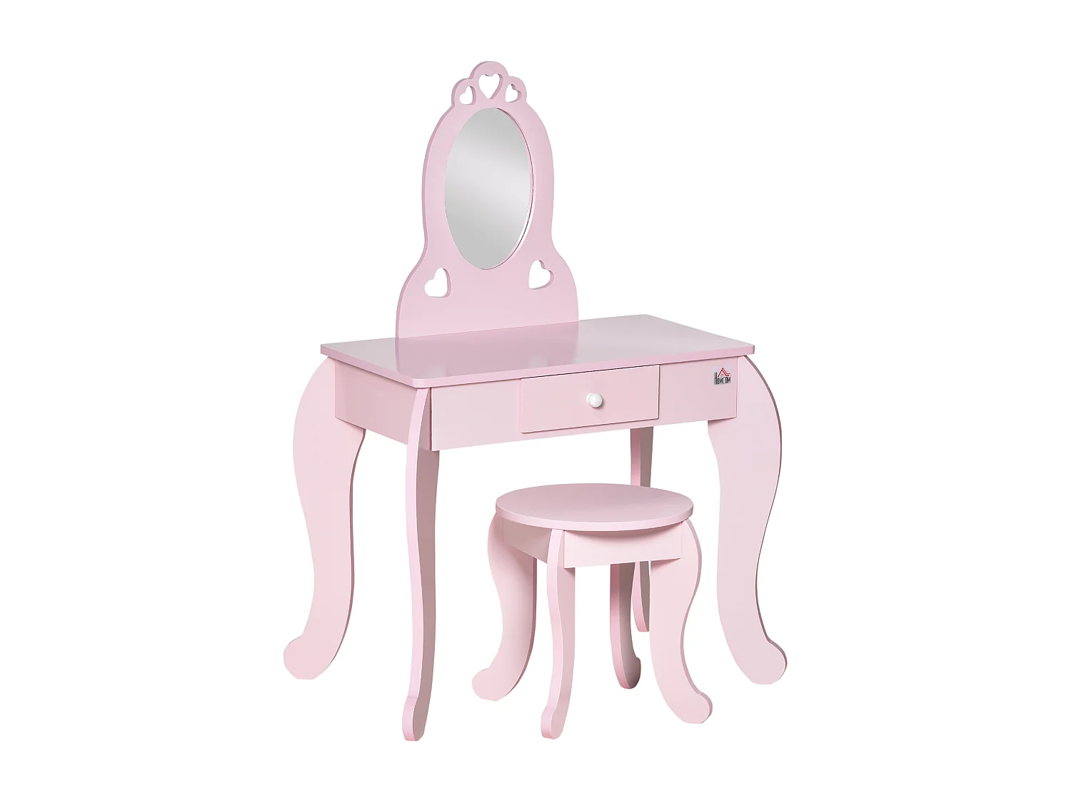 Coiffeuse enfant design girly avec motifs à coeur - tabouret inclus - dim. 60L x 36l x 88H cm - tiroir, miroir - MDF - rose