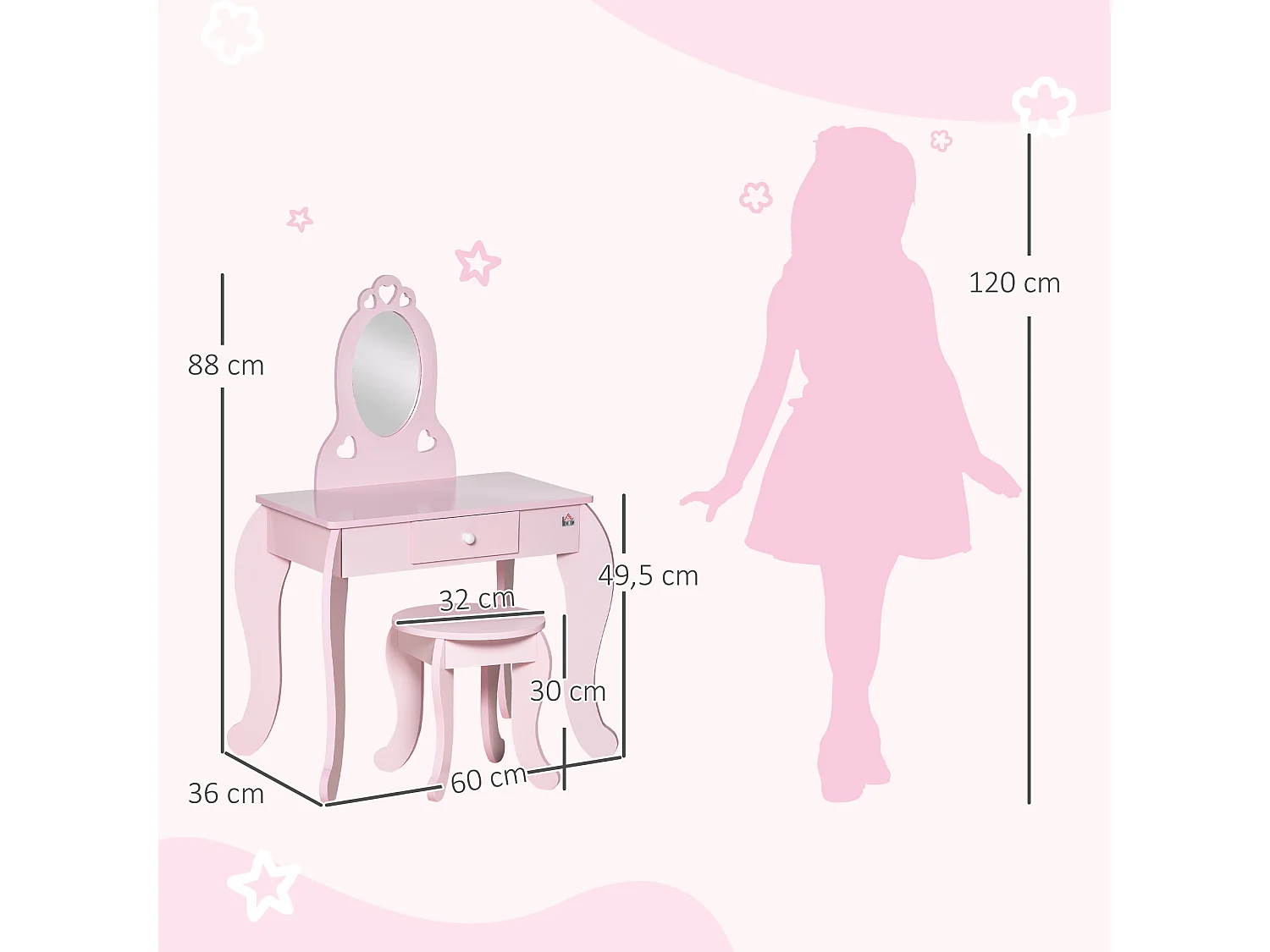 Coiffeuse enfant design girly avec motifs à coeur - tabouret inclus - dim. 60L x 36l x 88H cm - tiroir, miroir - MDF - rose