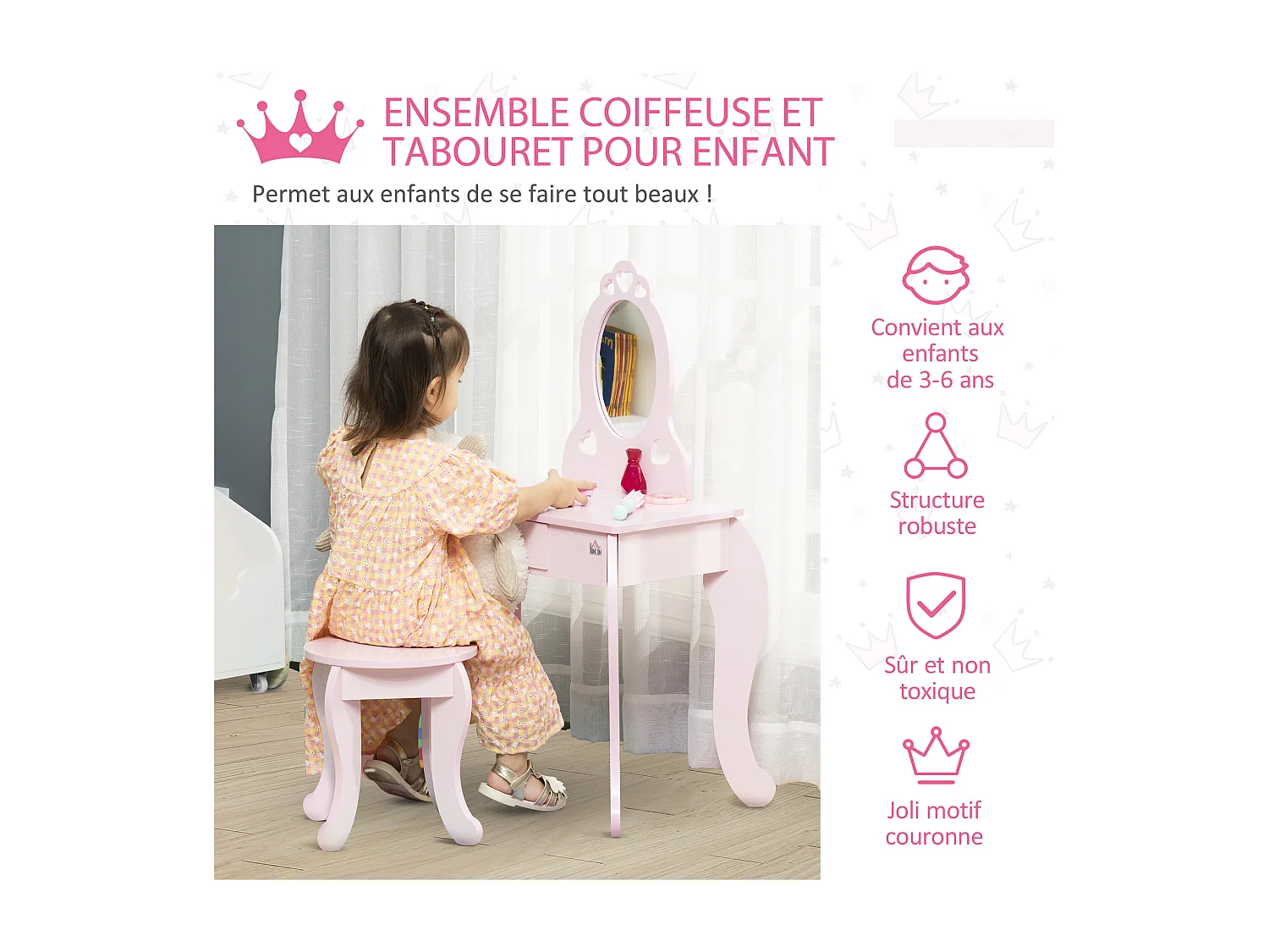 Coiffeuse enfant design girly avec motifs à coeur - tabouret inclus - dim. 60L x 36l x 88H cm - tiroir, miroir - MDF - rose