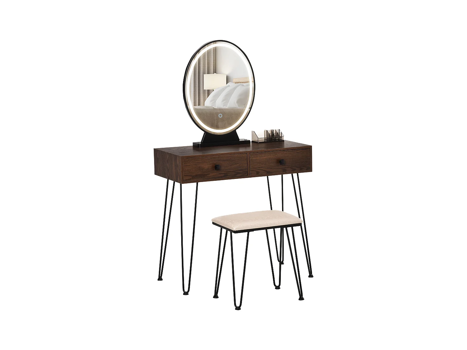 Coiffeuse design - miroir LED intégré - 2 tiroirs + 1 organisateur - tabouret inclus - métal noir MDF imitation bois noyer foncé