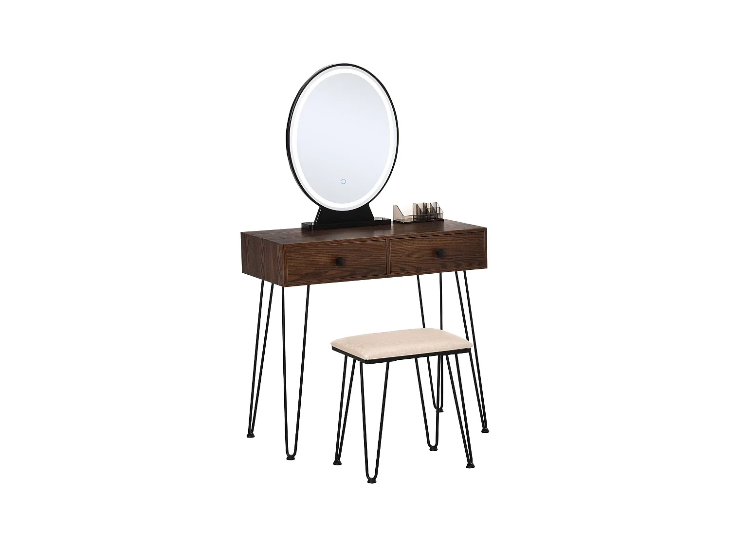 Coiffeuse design - miroir LED intégré - 2 tiroirs + 1 organisateur - tabouret inclus - métal noir MDF imitation bois noyer foncé