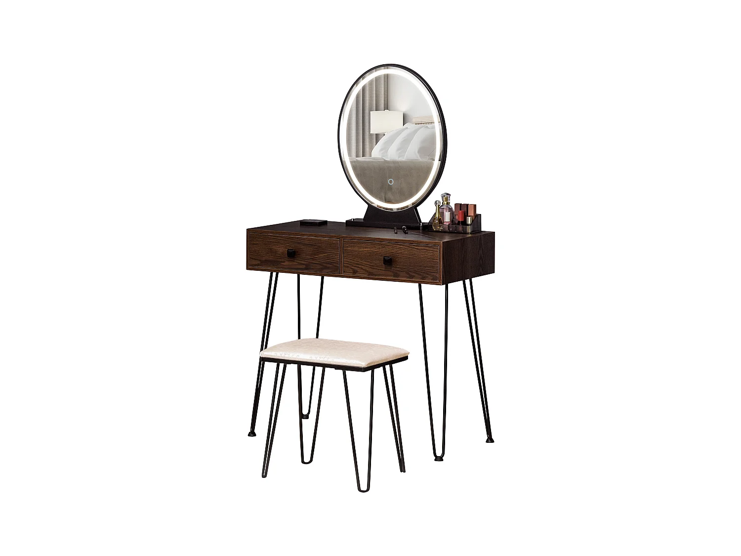 Coiffeuse design - miroir LED intégré - 2 tiroirs + 1 organisateur - tabouret inclus - métal noir MDF imitation bois noyer foncé