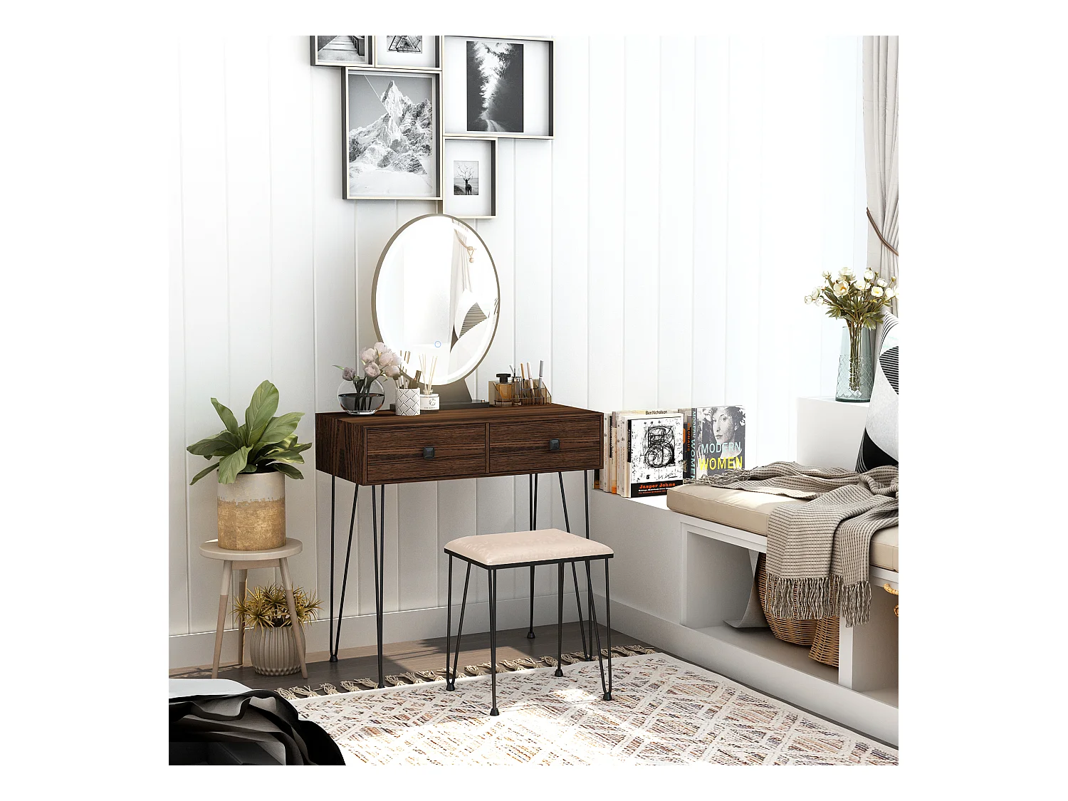 Coiffeuse design - miroir LED intégré - 2 tiroirs + 1 organisateur - tabouret inclus - métal noir MDF imitation bois noyer foncé