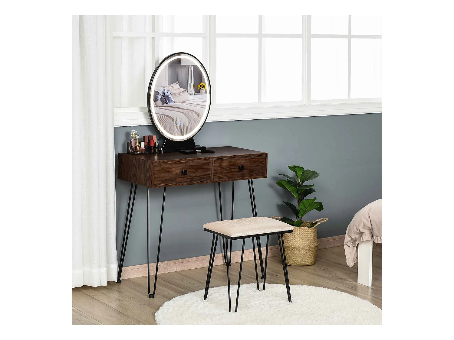 Coiffeuse design - miroir LED intégré - 2 tiroirs + 1 organisateur - tabouret inclus - métal noir MDF imitation bois noyer foncé