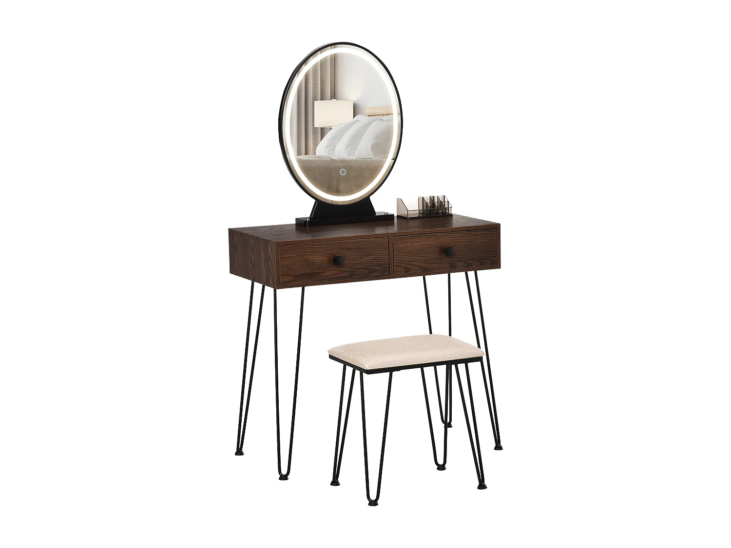 Coiffeuse design - miroir LED intégré - 2 tiroirs + 1 organisateur - tabouret inclus - métal noir MDF imitation bois noyer foncé