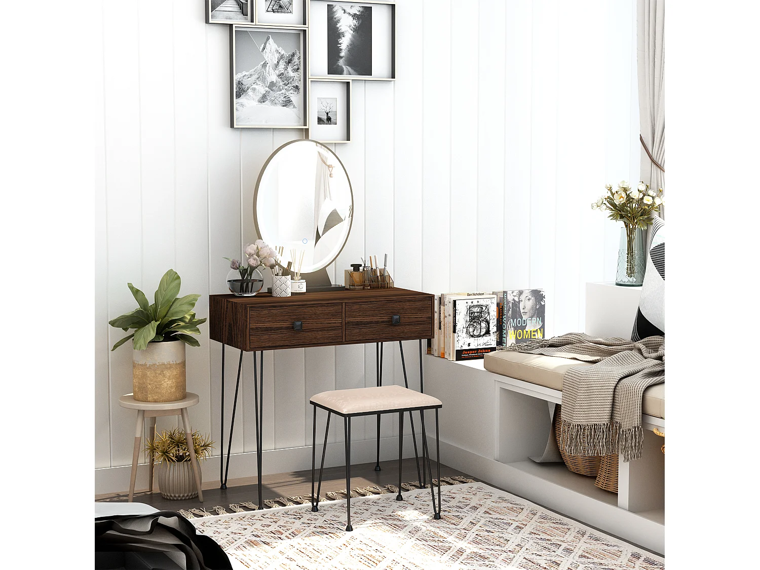 Coiffeuse design - miroir LED intégré - 2 tiroirs + 1 organisateur - tabouret inclus - métal noir MDF imitation bois noyer foncé