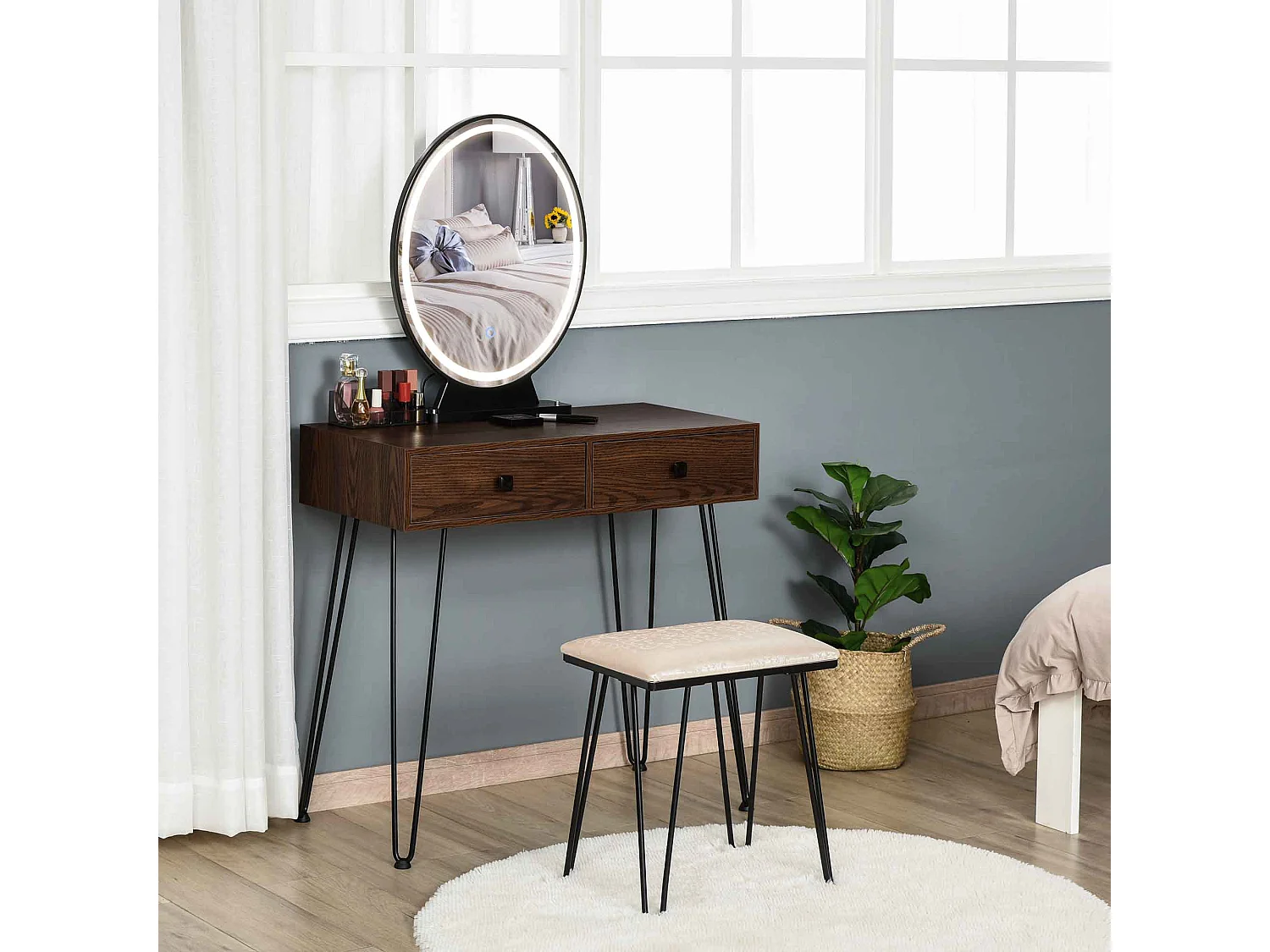 Coiffeuse design - miroir LED intégré - 2 tiroirs + 1 organisateur - tabouret inclus - métal noir MDF imitation bois noyer foncé