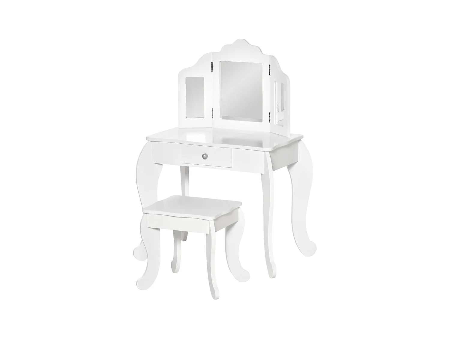 Coiffeuse enfant avec tabouret, miroir triptyque et tiroir coulissant - coiffeuse dim. 63L x 40l x 85,5H cm - MDF blanc acrylique
