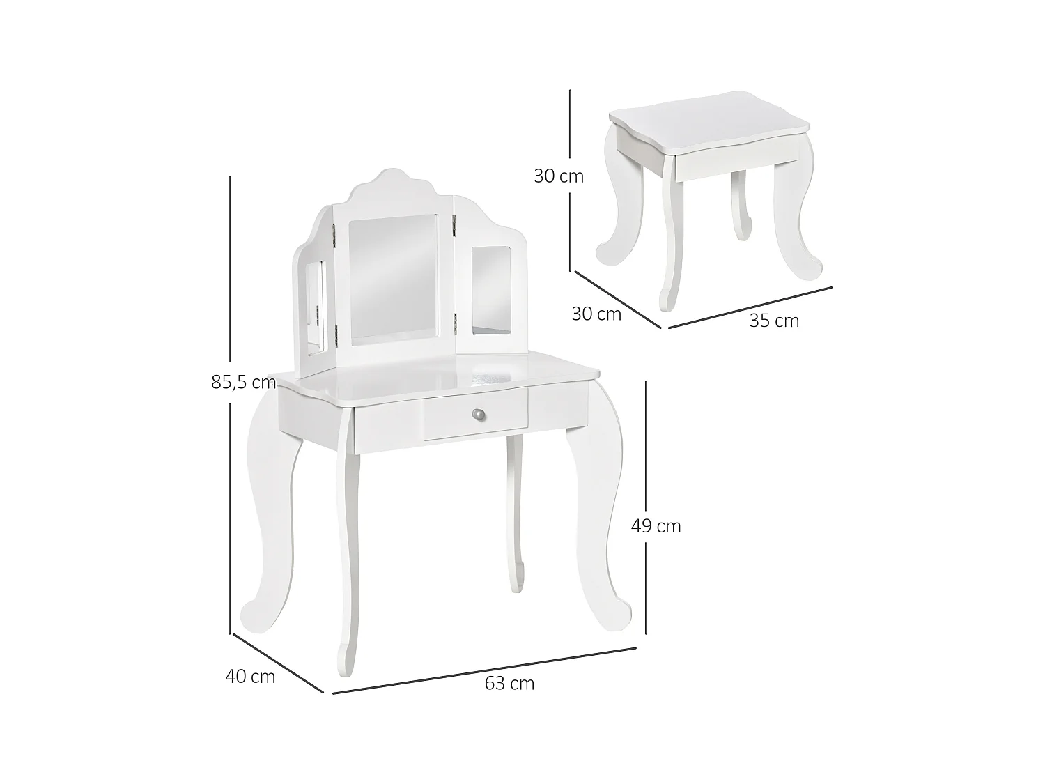 Coiffeuse enfant avec tabouret, miroir triptyque et tiroir coulissant - coiffeuse dim. 63L x 40l x 85,5H cm - MDF blanc acrylique