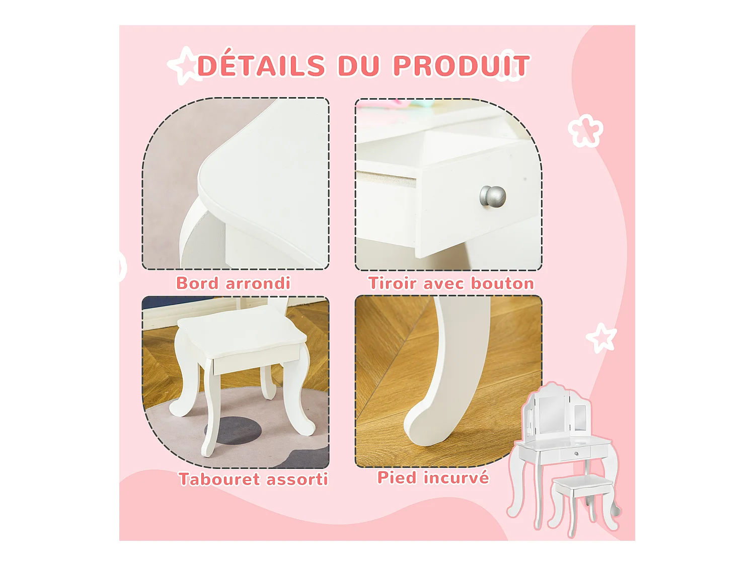 Coiffeuse enfant avec tabouret, miroir triptyque et tiroir coulissant - coiffeuse dim. 63L x 40l x 85,5H cm - MDF blanc acrylique