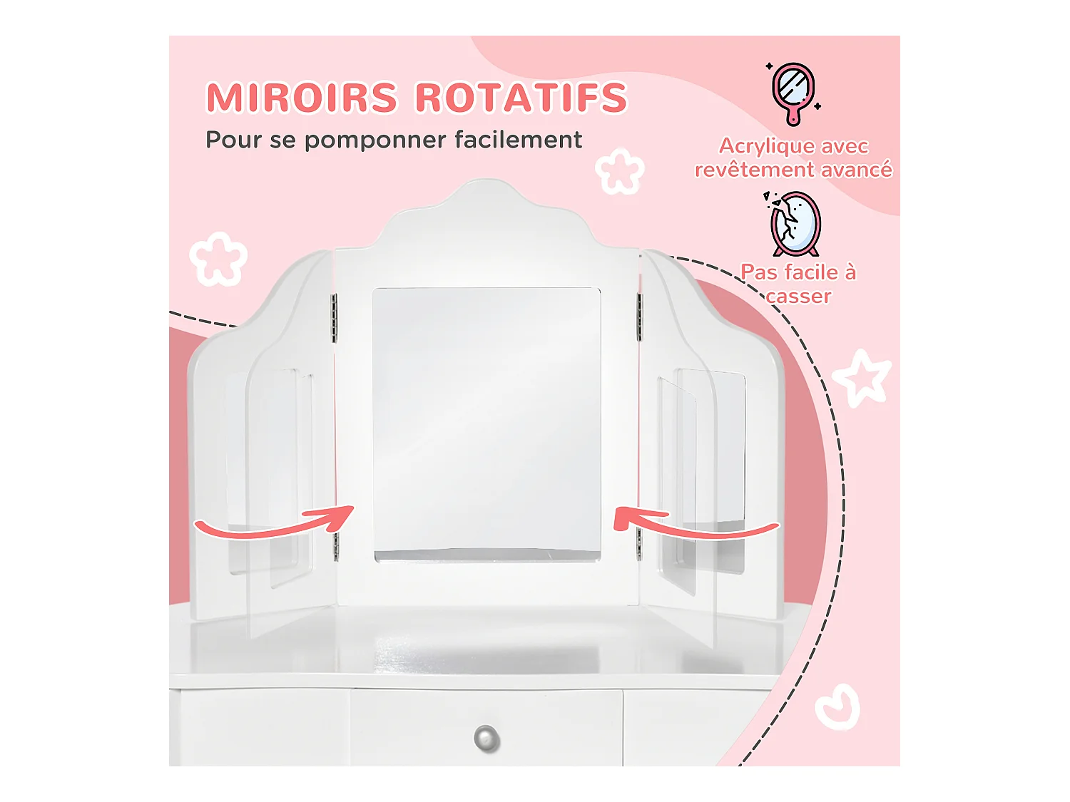 Coiffeuse enfant avec tabouret, miroir triptyque et tiroir coulissant - coiffeuse dim. 63L x 40l x 85,5H cm - MDF blanc acrylique