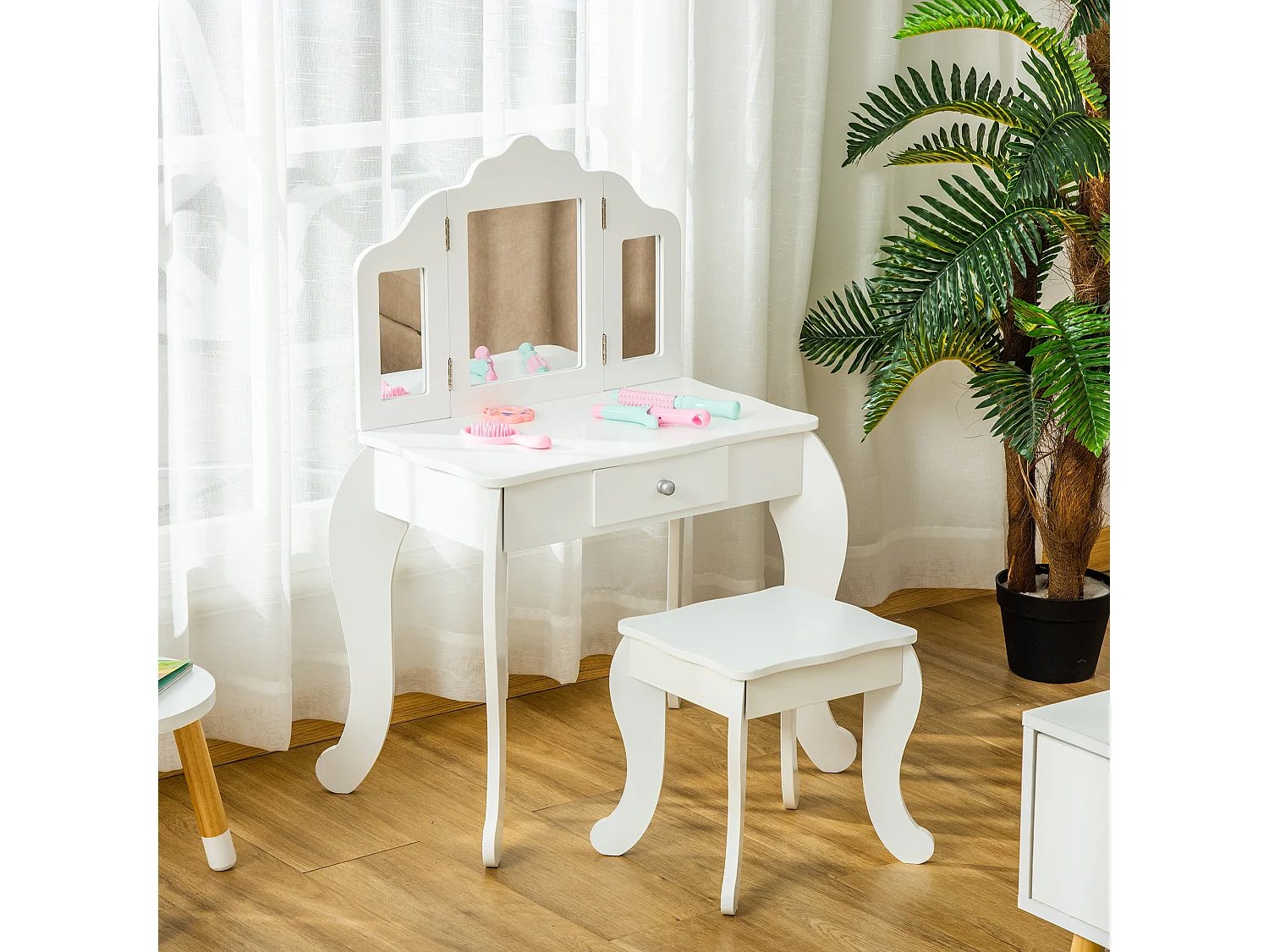 Coiffeuse enfant avec tabouret, miroir triptyque et tiroir coulissant - coiffeuse dim. 63L x 40l x 85,5H cm - MDF blanc acrylique