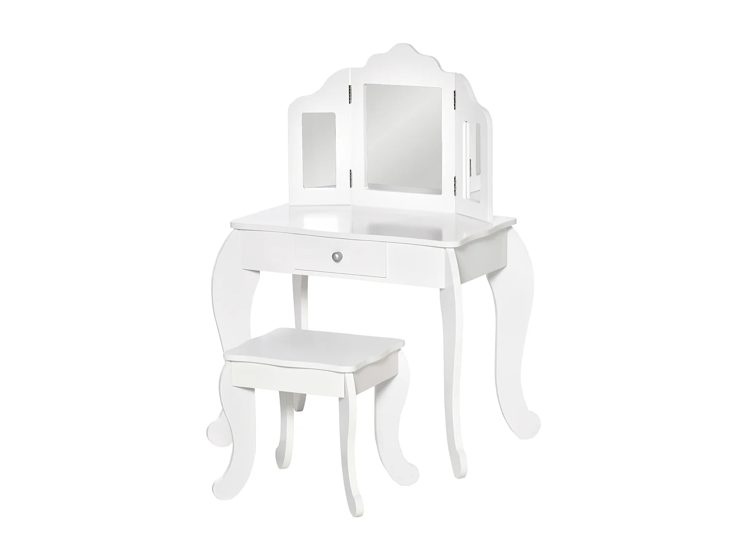 Coiffeuse enfant avec tabouret, miroir triptyque et tiroir coulissant - coiffeuse dim. 63L x 40l x 85,5H cm - MDF blanc acrylique