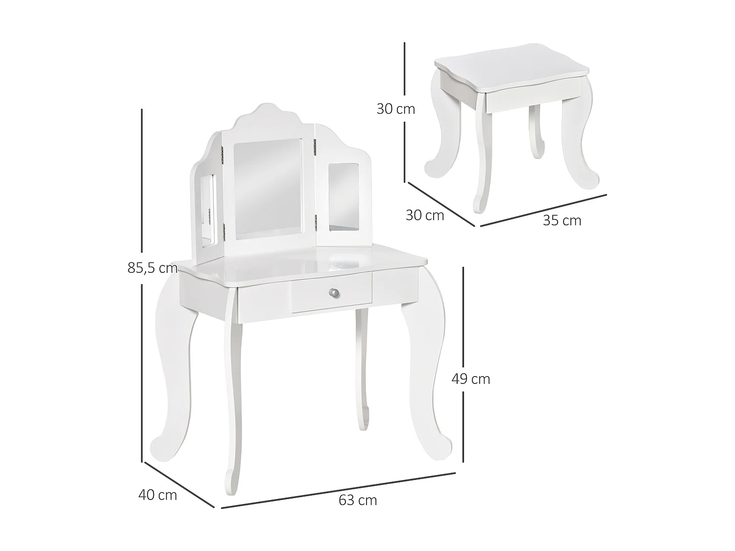 Coiffeuse enfant avec tabouret, miroir triptyque et tiroir coulissant - coiffeuse dim. 63L x 40l x 85,5H cm - MDF blanc acrylique