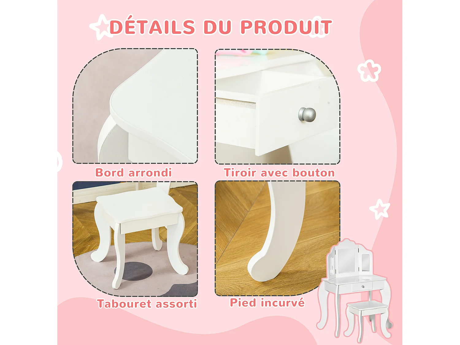 Coiffeuse enfant avec tabouret, miroir triptyque et tiroir coulissant - coiffeuse dim. 63L x 40l x 85,5H cm - MDF blanc acrylique