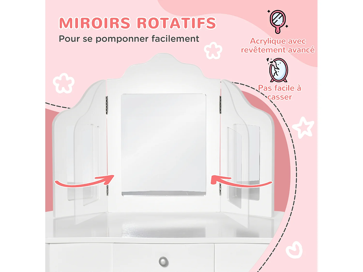 Coiffeuse enfant avec tabouret, miroir triptyque et tiroir coulissant - coiffeuse dim. 63L x 40l x 85,5H cm - MDF blanc acrylique