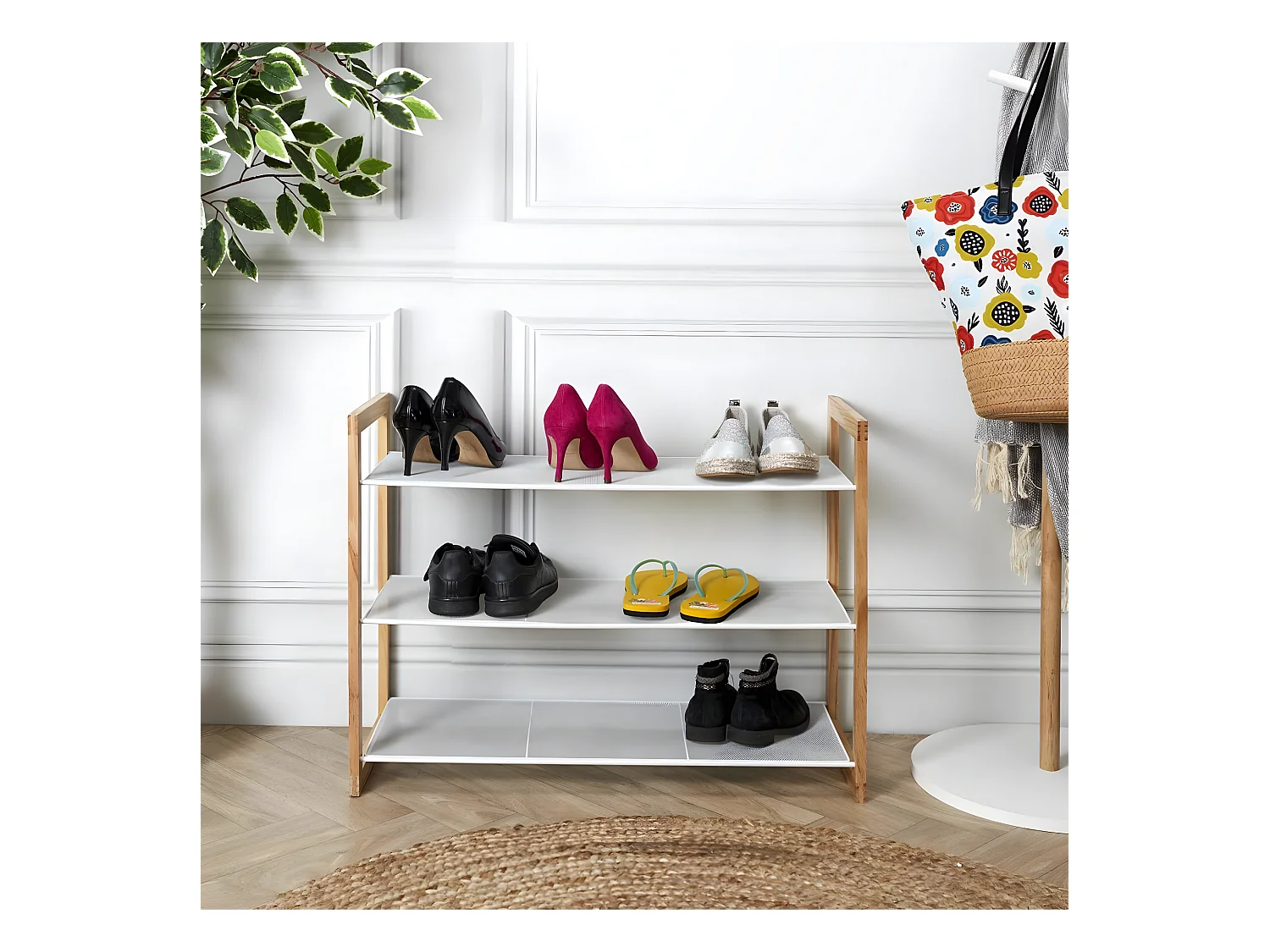 LOVIA - Meuble à Chaussures 3 Etages Métal Blanc et Bois