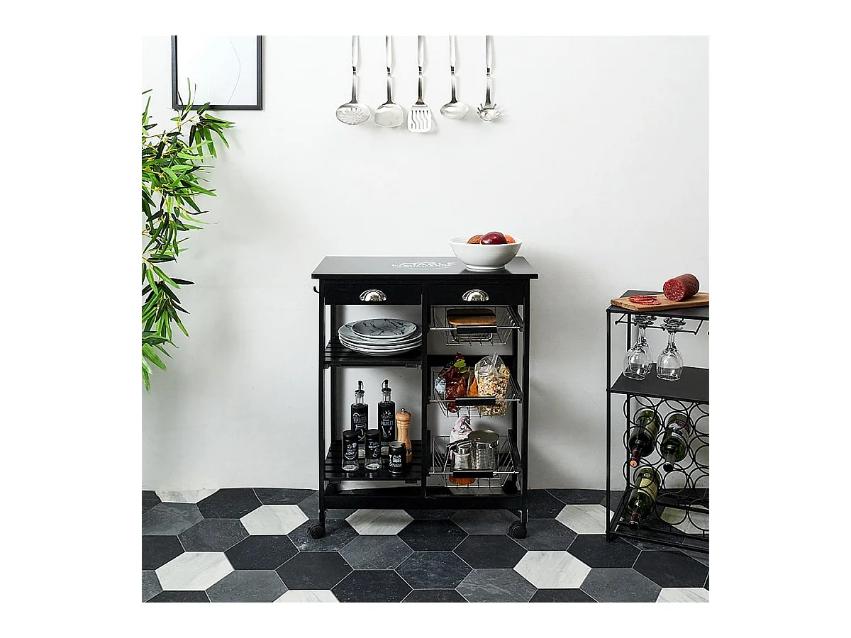 DRAGAN - Desserte à Roulettes Noire Multi-Rangement