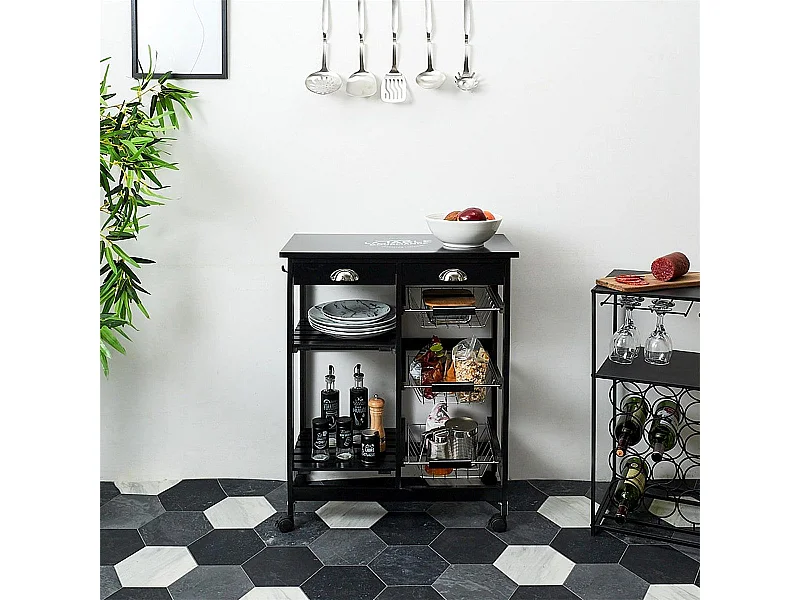 DRAGAN - Desserte à Roulettes Noire Multi-Rangement