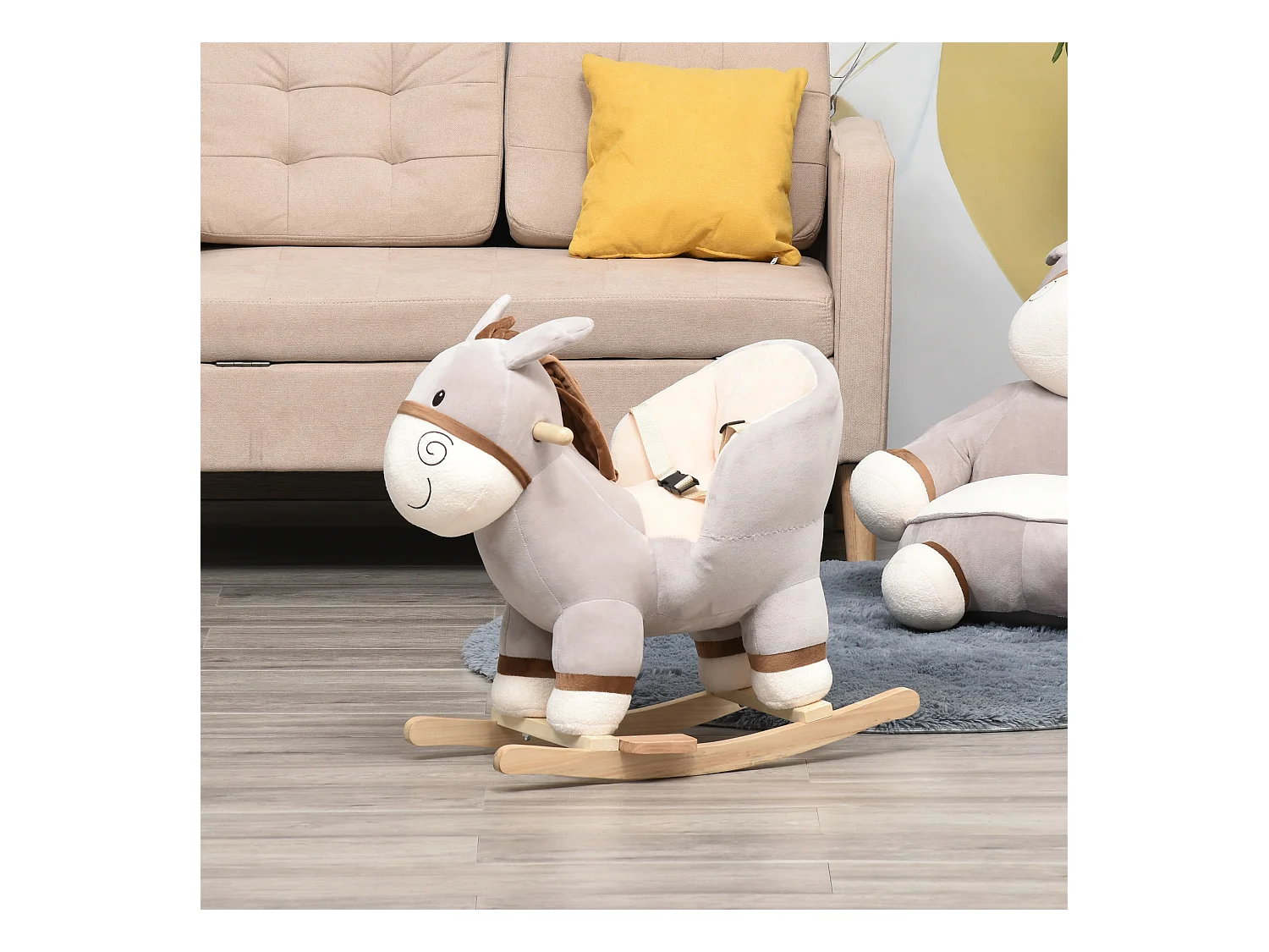 Cheval à bascule modèle âne fonction musicale selle grand confort peluche courte douce bois peuplier gris dim. 61L x 34l x 58H cm