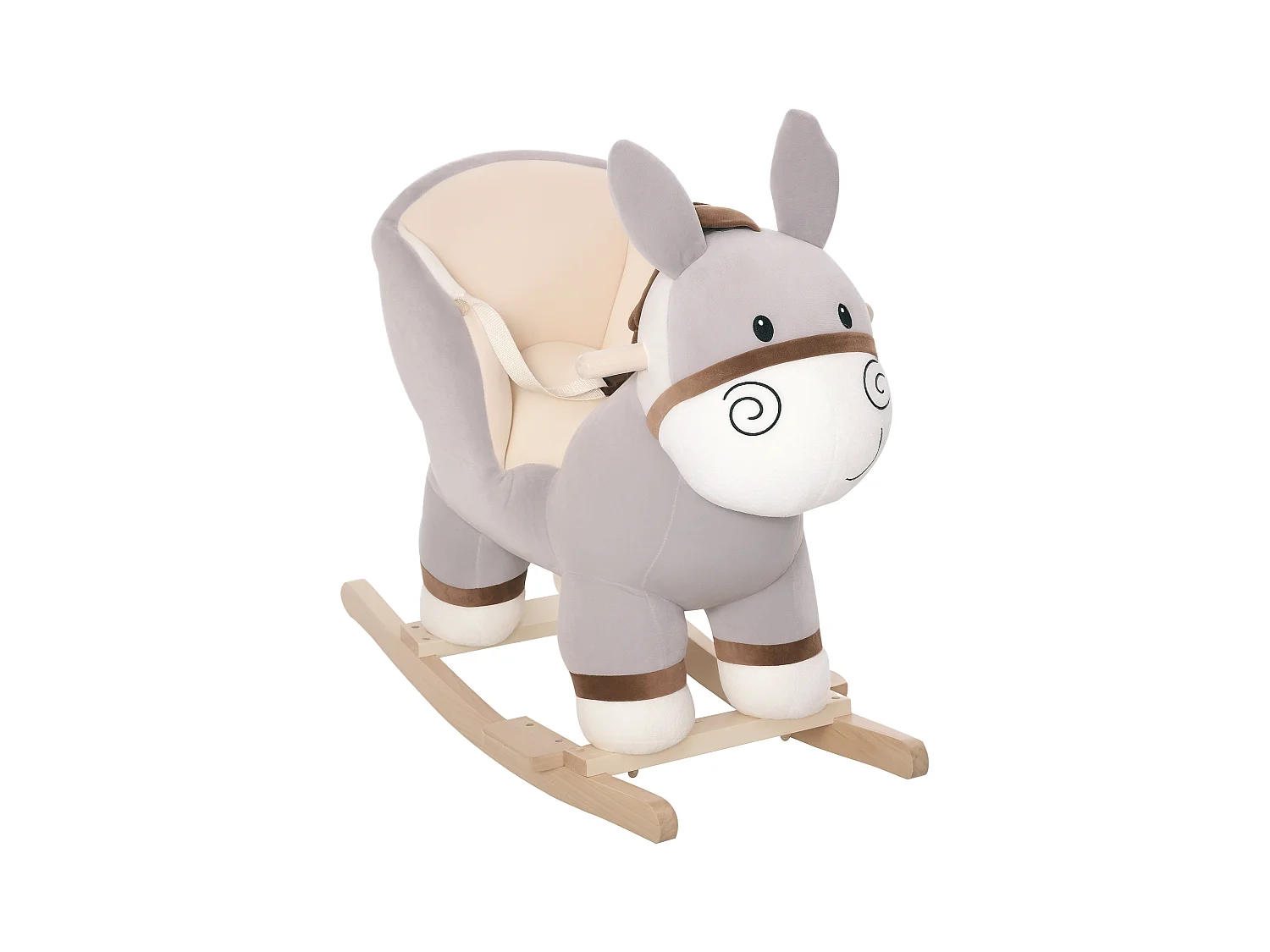 Cheval à bascule modèle âne fonction musicale selle grand confort peluche courte douce bois peuplier gris dim. 61L x 34l x 58H cm