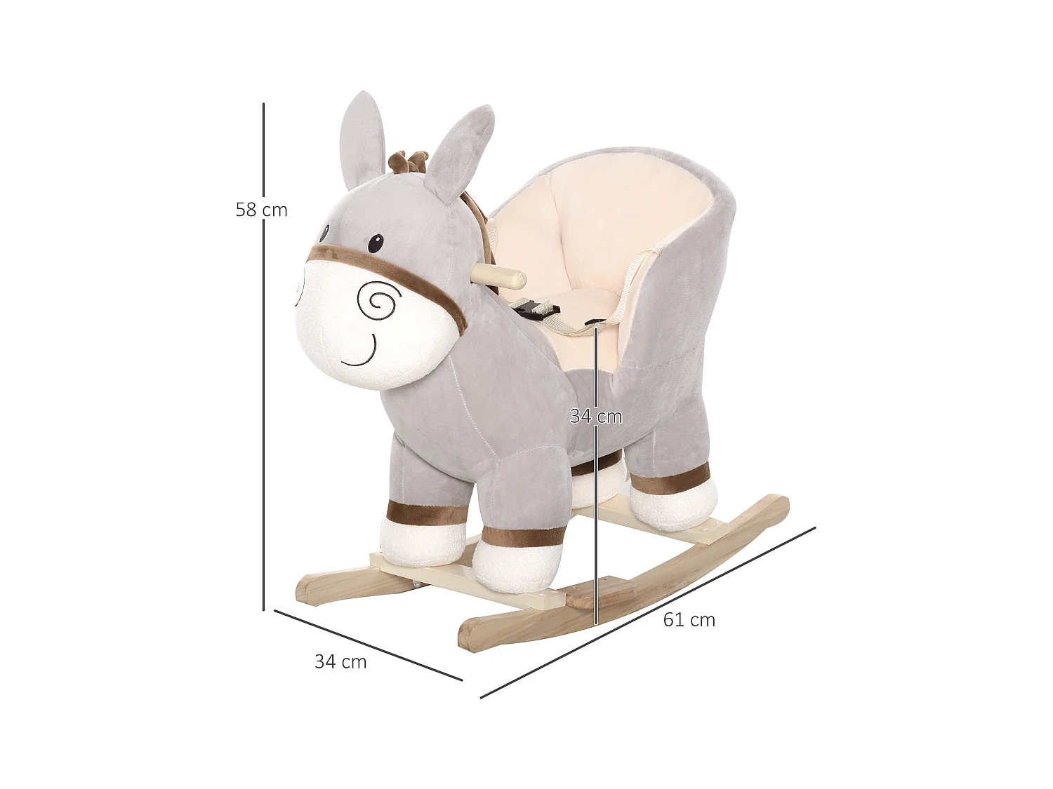 Cheval à bascule modèle âne fonction musicale selle grand confort peluche courte douce bois peuplier gris dim. 61L x 34l x 58H cm