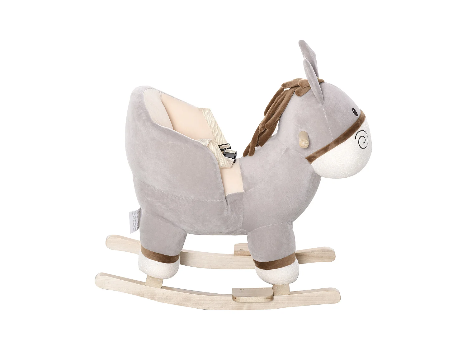 Cheval à bascule modèle âne fonction musicale selle grand confort peluche courte douce bois peuplier gris dim. 61L x 34l x 58H cm