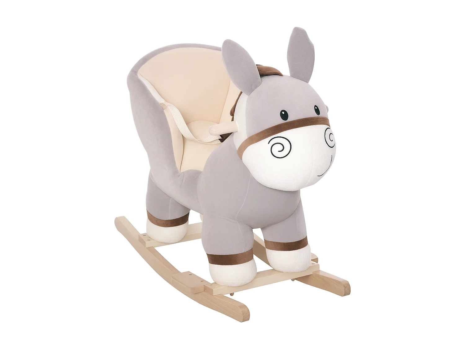 Cheval à bascule modèle âne fonction musicale selle grand confort peluche courte douce bois peuplier gris dim. 61L x 34l x 58H cm